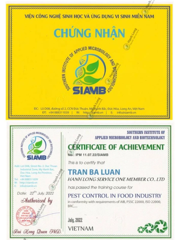 chứng nhận diệt mối